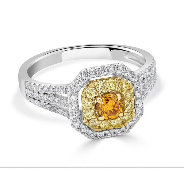 0.28ct Yellow Diamond ring with 0.56tct diamond accents set in 14K two tone gold