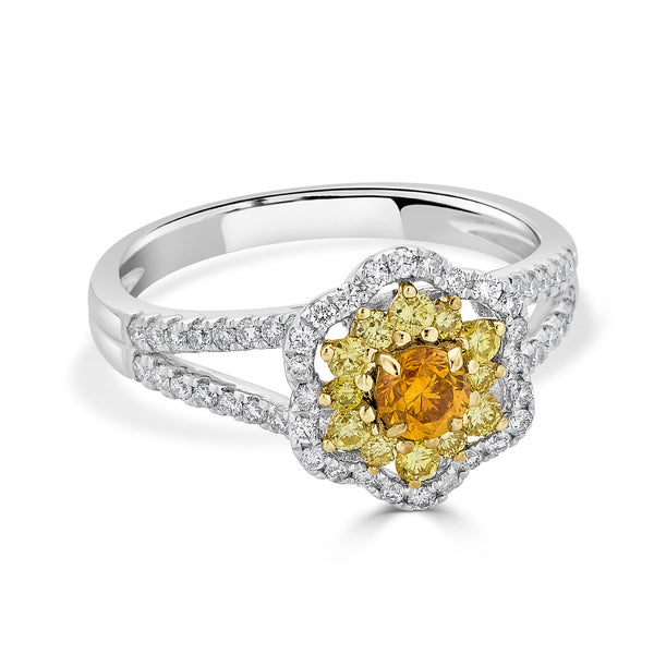 0.27ct Orange Diamond ring with 0.60tct diamonds accents set in 14K two tone gold