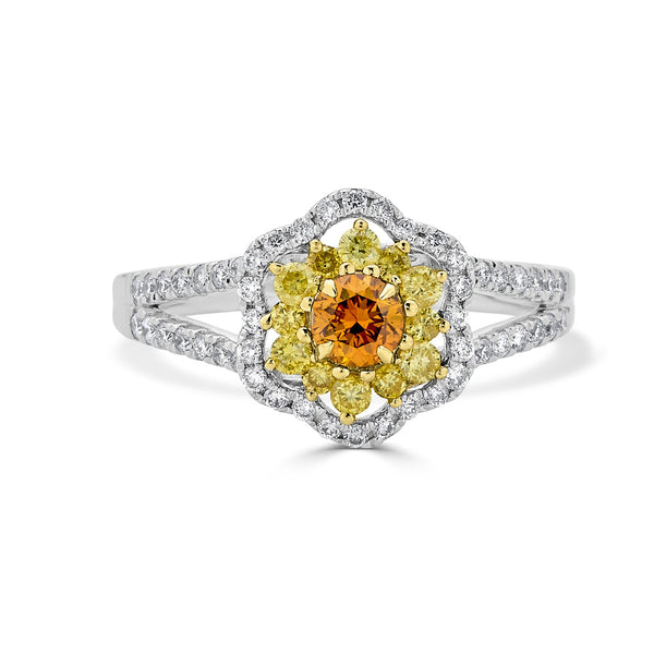 0.28ct Orange Diamond ring with 0.61tct diamonds accents set in 14K two tone gold