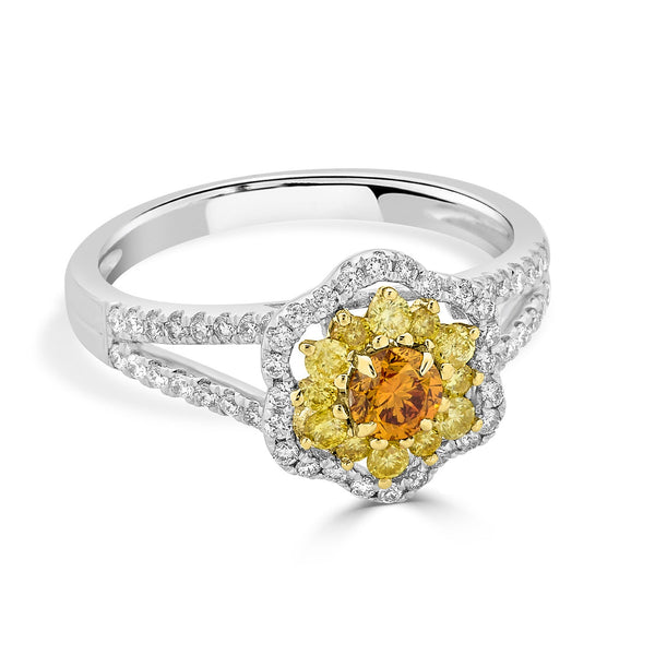 0.28ct Orange Diamond ring with 0.61tct diamonds accents set in 14K two tone gold