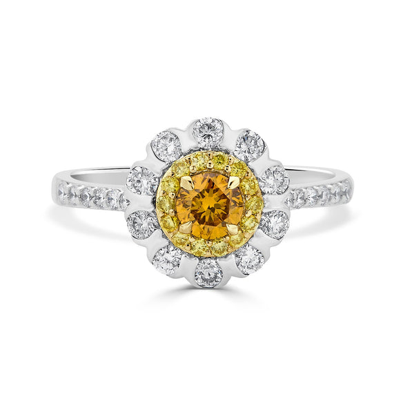 0.33ct Orange Diamond ring with 0.67tct diamond accents set in 14K two tone gold