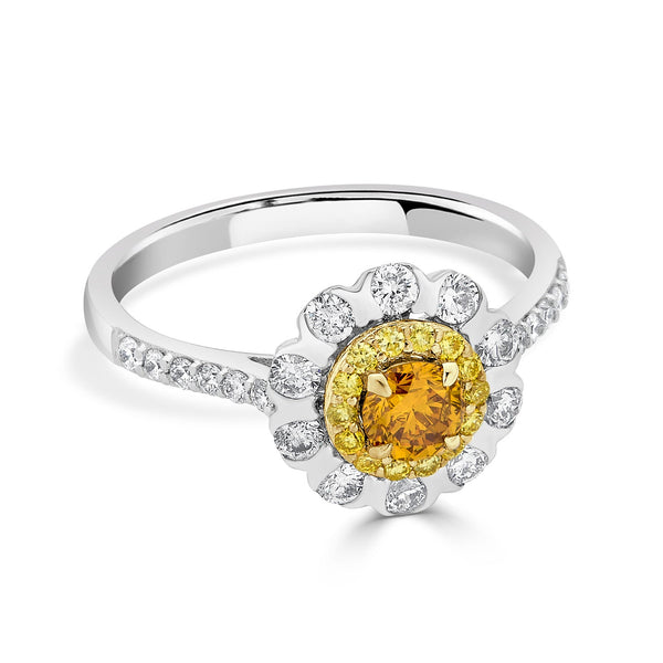 0.33ct Orange Diamond ring with 0.67tct diamond accents set in 14K two tone gold