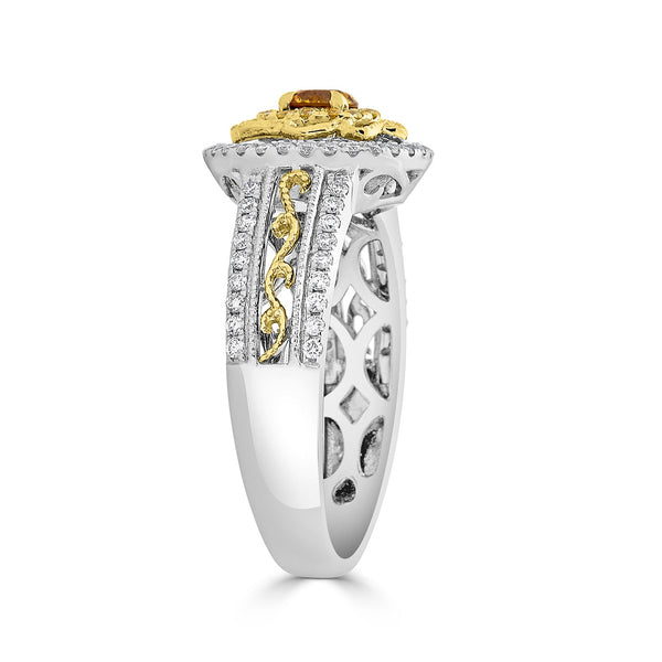 0.26ct Orange Diamond ring with 0.37tct diamond accents set in 14K two tone gold