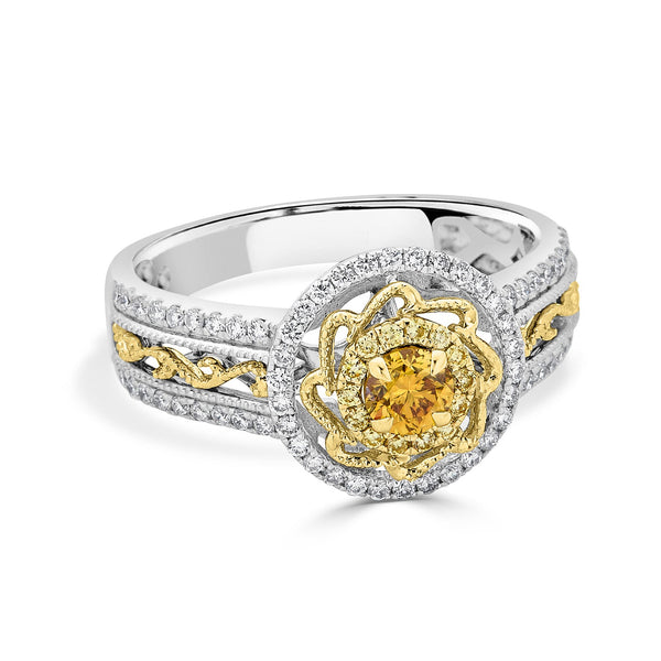 0.26ct Orange Diamond ring with 0.37tct diamond accents set in 14K two tone gold