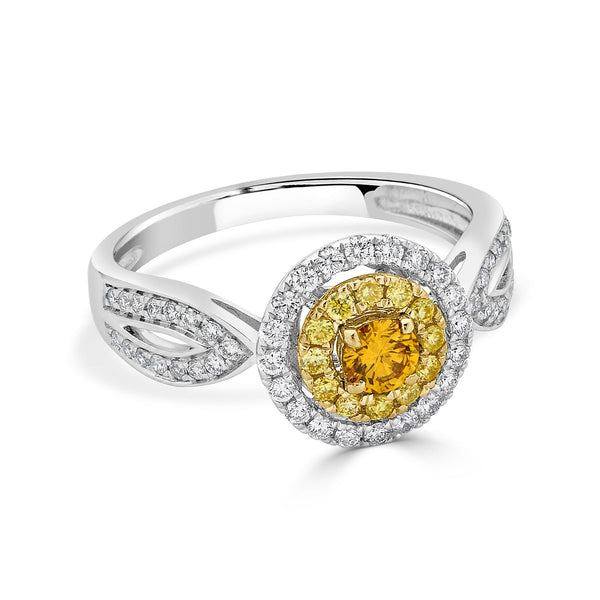 0.21ct Orange Diamond ring with 0.46tct diamond accents set in 14K two tone gold