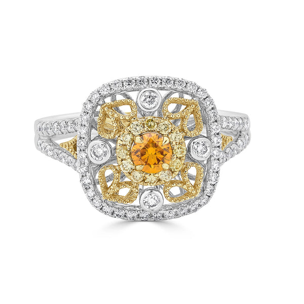 0.20ct Orange Diamond ring with 0.52tct diamond accents set in 14K two tone gold