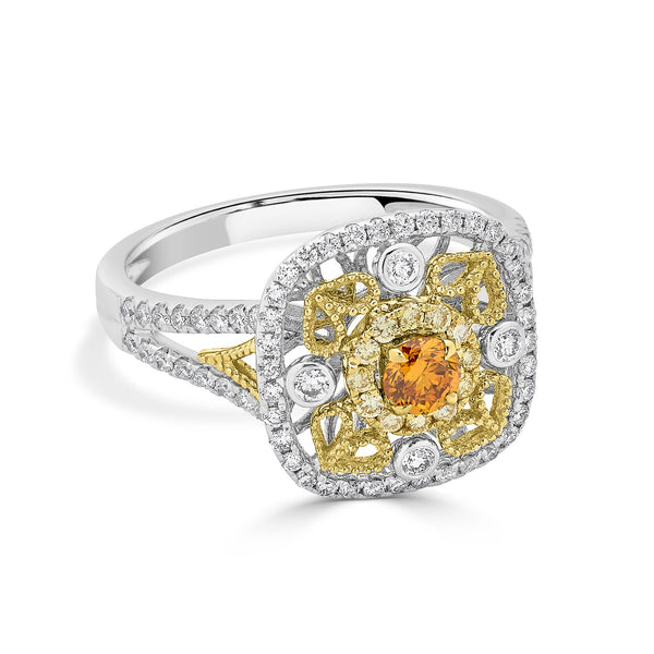 0.20ct Orange Diamond ring with 0.52tct diamond accents set in 14K two tone gold