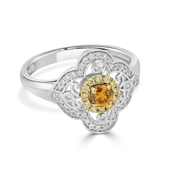 0.24ct Orange Diamond ring with 0.30tct diamond accents set in 14K two tone gold