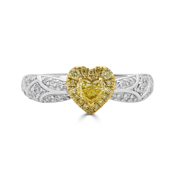 0.26tct Yellow Diamond ring with 0.27tct accent diamonds set in 18K two tone gold