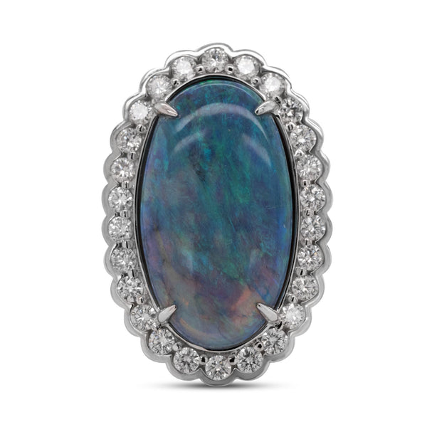 6Ct Black Opal Ring With 0.68Tct Diamond Halo In 14K White Gold