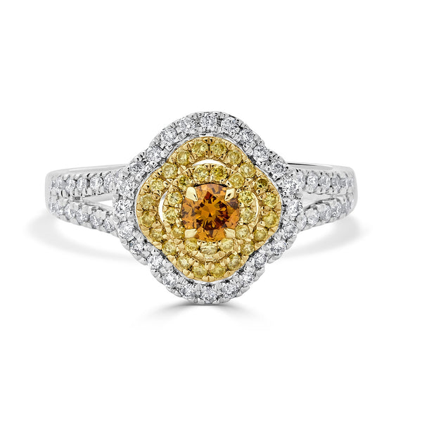 0.22ct Orange Diamond ring with 0.58tct diamond accents set in 14K two tone gold