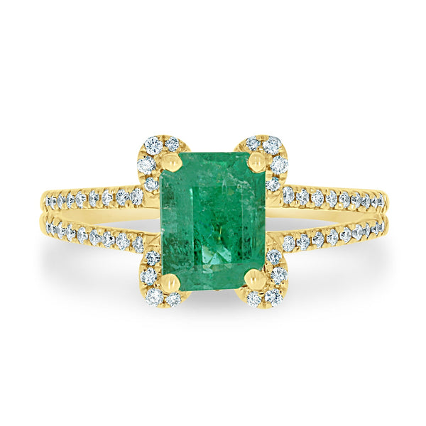 1.53ct Emerald Rings with 0.20tct diamonds set in 14kt yellow gold