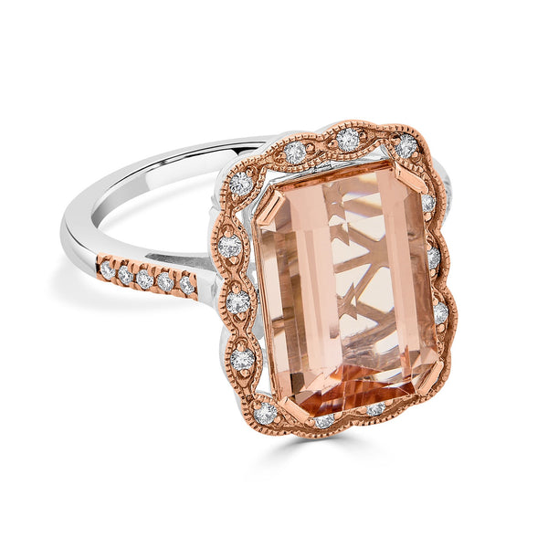 5.40ct Morganite ring with 0.20tct diamonds set in 14K two tone gold