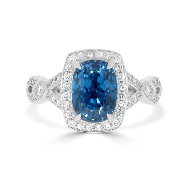 6.53ct Blue Zircon Ring with 0.51tct Diamonds set in 14K White Gold