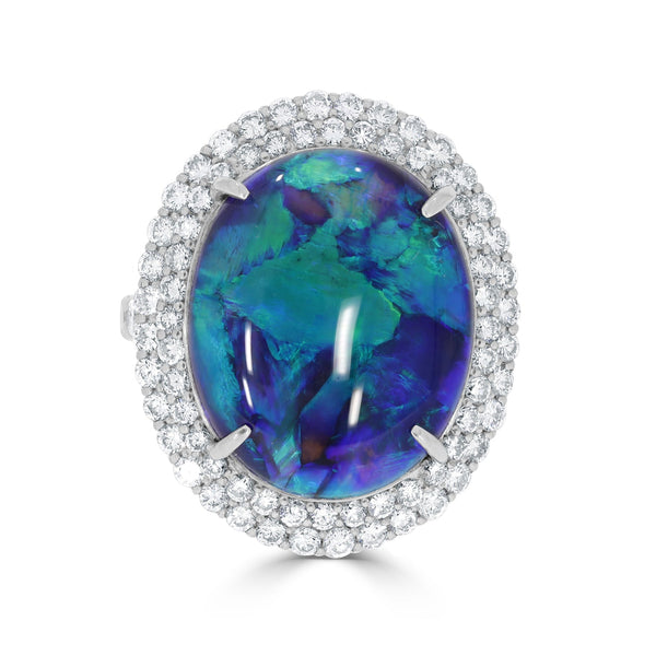 14.6ct Black Opal Ring With 1.83ct Diamonds Set In Platinum