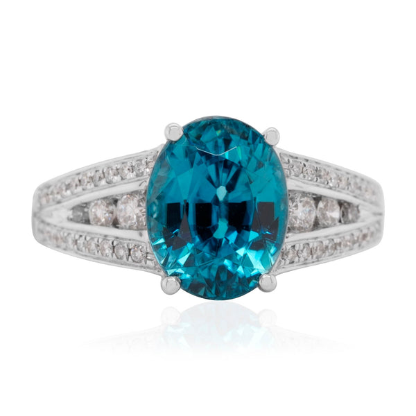 5.53ct Blue Zircon ring with 0.51ct diamonds set in 14K white gold