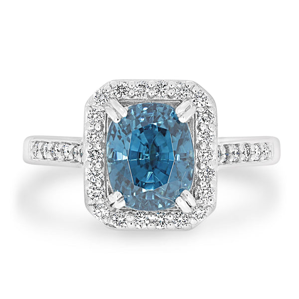 4.43ct Blue Zircon Ring with 0.35tct Diamonds set in 950 Platinum