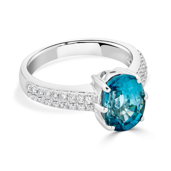 5.34Ct Blue Zircon Ring With 0.32Tct Diamonds Set In 14Kt White Gold