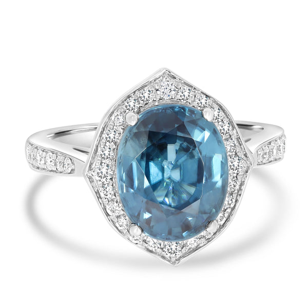 5.73ct Blue Zircon Ring with 0.35tct Diamonds set in 14K White Gold