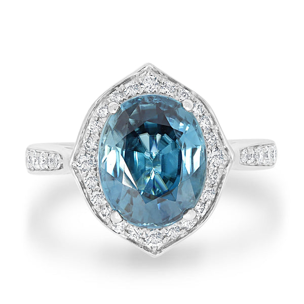 5.73ct Blue Zircon Ring with 0.35tct Diamonds set in 14K White Gold