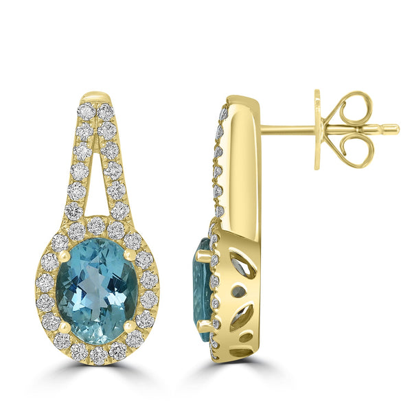 2.18ct  Aquamarine Earrings with 0.63tct Diamond set in 14K Yellow Gold