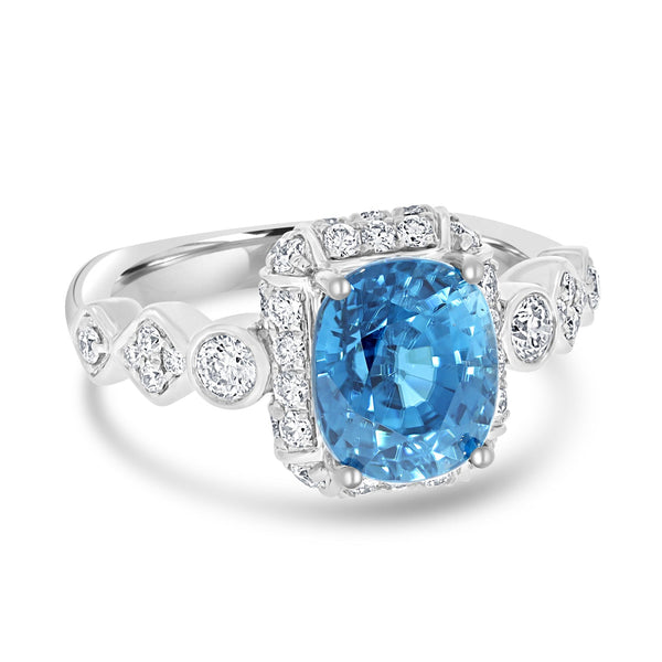 5.21ct Blue Zircon Ring with 0.76tct Diamonds set in 14K White Gold