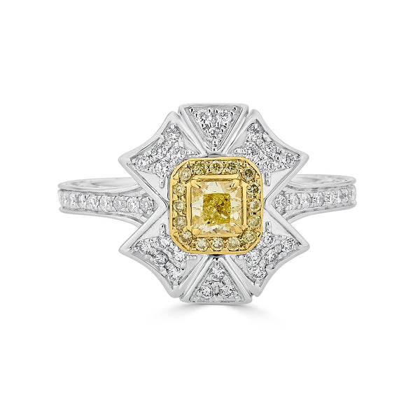 0.33ct Yellow Diamond Ring with 0.8tct Diamonds set in 18K Two Tone Gold