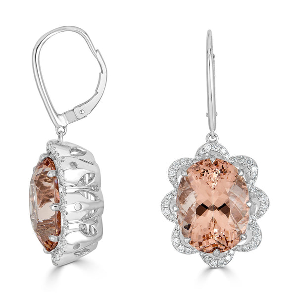 23.28tct Morganite Earrings with 0.81tct diamonds set in 14K two tone gold