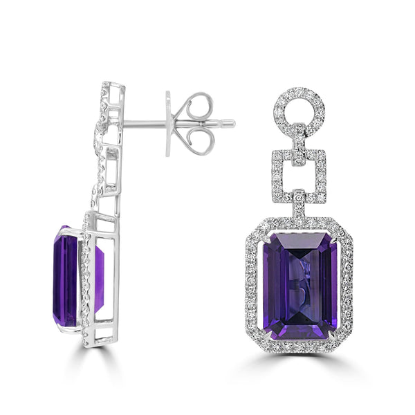 13.48tct Amethyst Earrings with 1.41tct Diamond set in 18K White Gold