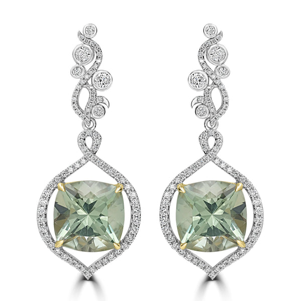 12.2tct Prasiolite Earrings with 1.2tct Diamond set in 18K Two Tone Gold