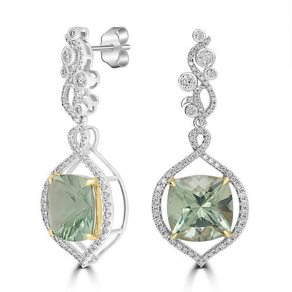 12.2tct Prasiolite Earrings with 1.2tct Diamond set in 18K Two Tone Gold