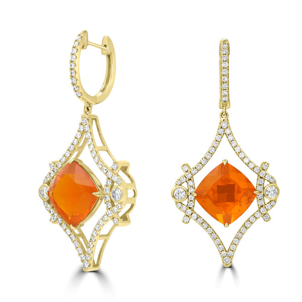 9.74tct Fire Opal Earrings with 1.68tct Diamond set in 18K Yellow Gold