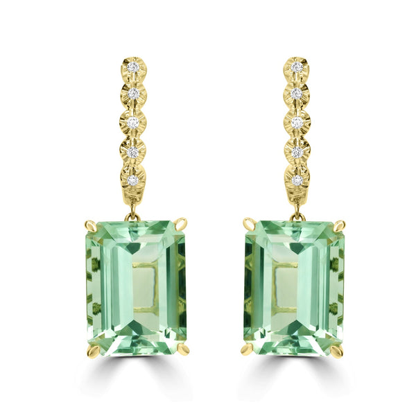 22.86tct Prasiolite Earrings with 0.15tct Diamond set in 18K Yellow Gold