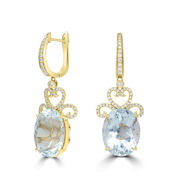 16.19tct Aquamarine Earrings with 0.53tct Diamond set in 18K Yellow Gold