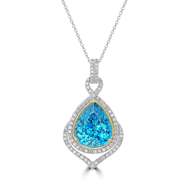 14.45ct Blue Zircon Pendant with 0.75tct Diamonds set in 18K Two Tone Gold