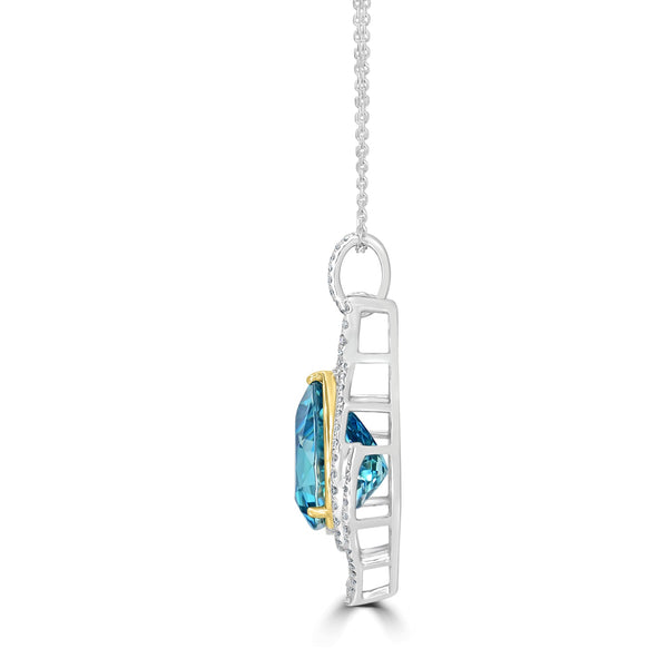 14.45ct Blue Zircon Pendant with 0.75tct Diamonds set in 18K Two Tone Gold