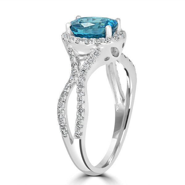 2.25ct Blue Zircon Ring with 0.45tct Diamonds set in 14K White Gold