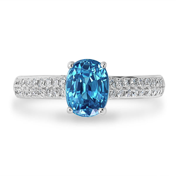 2.33ct Blue Zircon Ring with 0.22tct Diamonds set in 14K White Gold