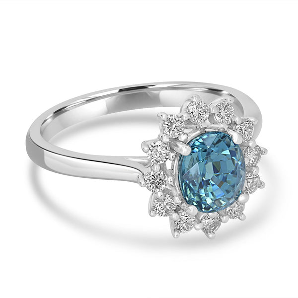 2.35ct Blue Zircon Ring with 0.34tct Diamonds set in 14K White Gold