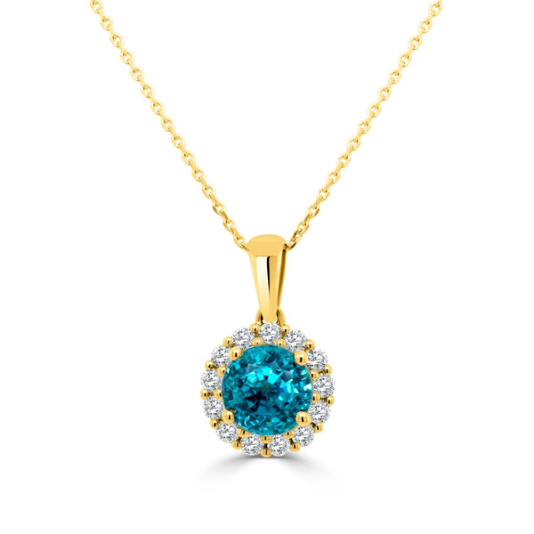 2.24ct Blue Zircon Pendant with 0.23tct Diamonds set in 14K Yellow Gold