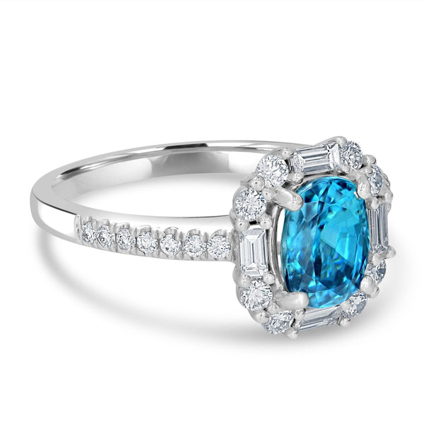 2.14ct Blue Zircon Ring with 0.53tct Diamonds set in 14K White Gold