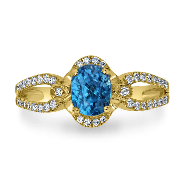 2.14ct Blue Zircon Ring with 0.24tct Diamonds set in 14K Yellow Gold