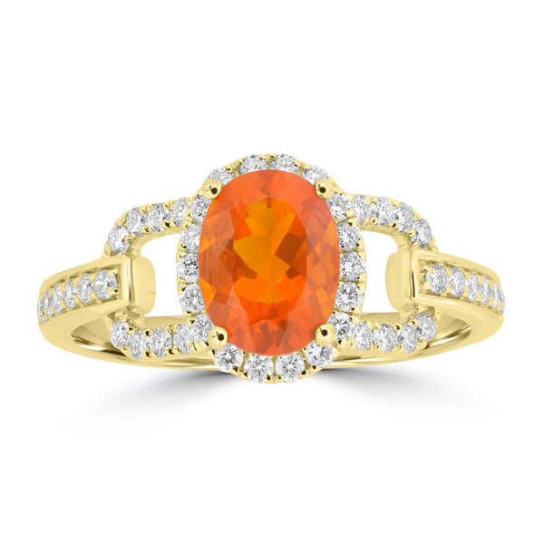 0.83ct Fire Opal Rings with 0.4tct Diamond set in 18K Yellow Gold