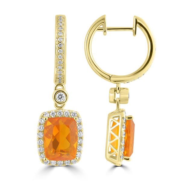 3.05ct Fire Opal Earrings with 0.556tct Diamond set in 18K Yellow Gold