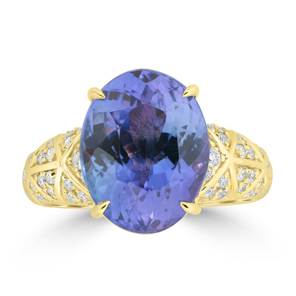 6.96ct Tanzanite Rings with 0.364tct Diamond set in 14K Yellow Gold