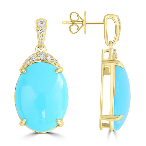 10.43ct Turquoise Earrings with 0.213tct Diamond set in 14K Yellow Gold