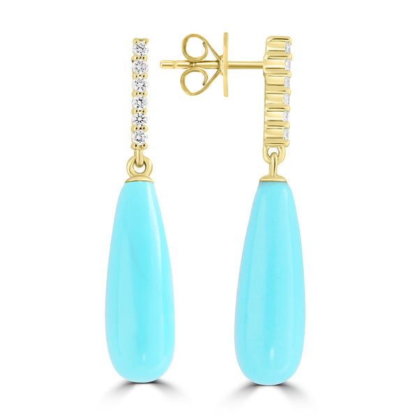 6.14ct Turquoise Earrings with 0.092tct Diamond set in 14K Yellow Gold