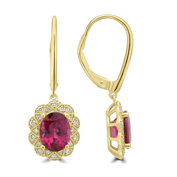 4.38ct Rhodonite Earrings with 0.227tct Diamond set in 14K Yellow Gold