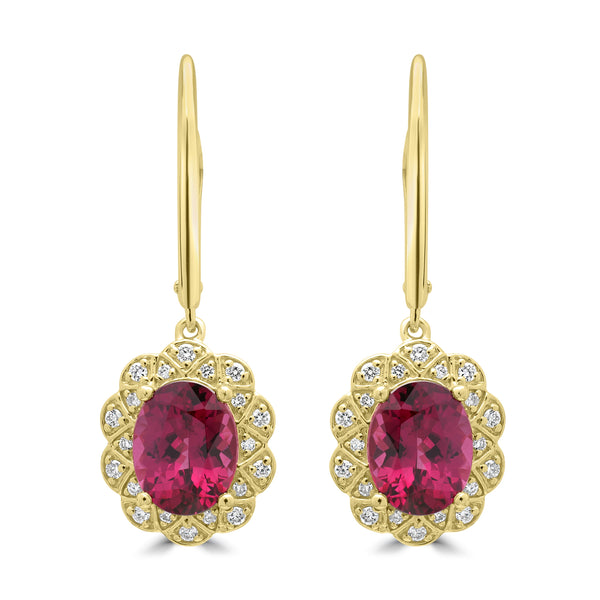 4.38ct Rhodonite Earrings with 0.227tct Diamond set in 14K Yellow Gold