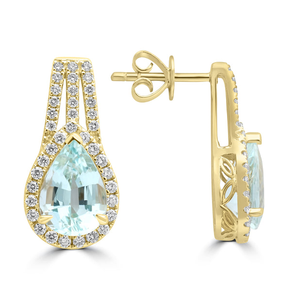 2.89ct Aquamarine Earrings with 0.598tct Diamond set in 14K Yellow Gold